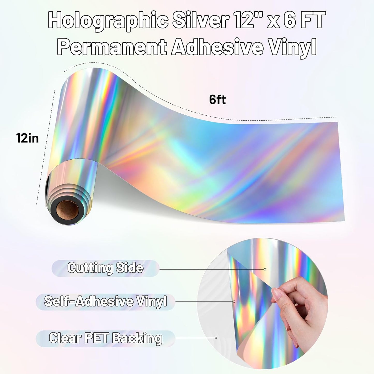 Eprcut Holographic Silver Permanent Vinyl, 12" x 6FT Adhesive Vinyl Roll for All Cutting Machine, Cricut, Silhouette, Cameo Cutters, Home Outdoor Waterproof DIY Craft Decor, Car Decals, Wall Stickers