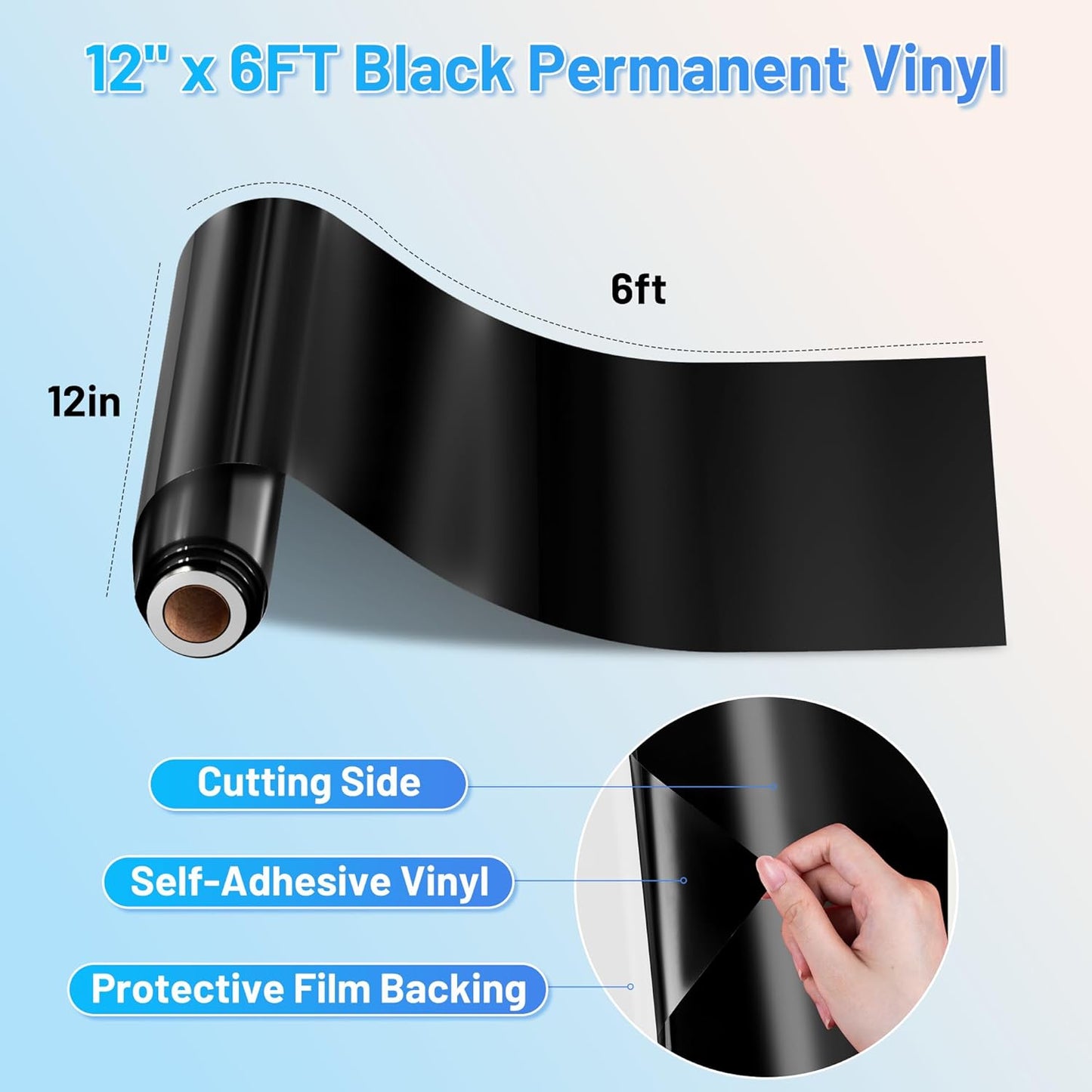 EPRCUT Black Permanent Vinyl Compatible with Cricut, FT Glossy Adhesive Vinyl Roll for All Cutting Machine Craft Cutter, DIY Art Decor for Indoor & Outdoor Decoration, Wall Sticker, Car Decals