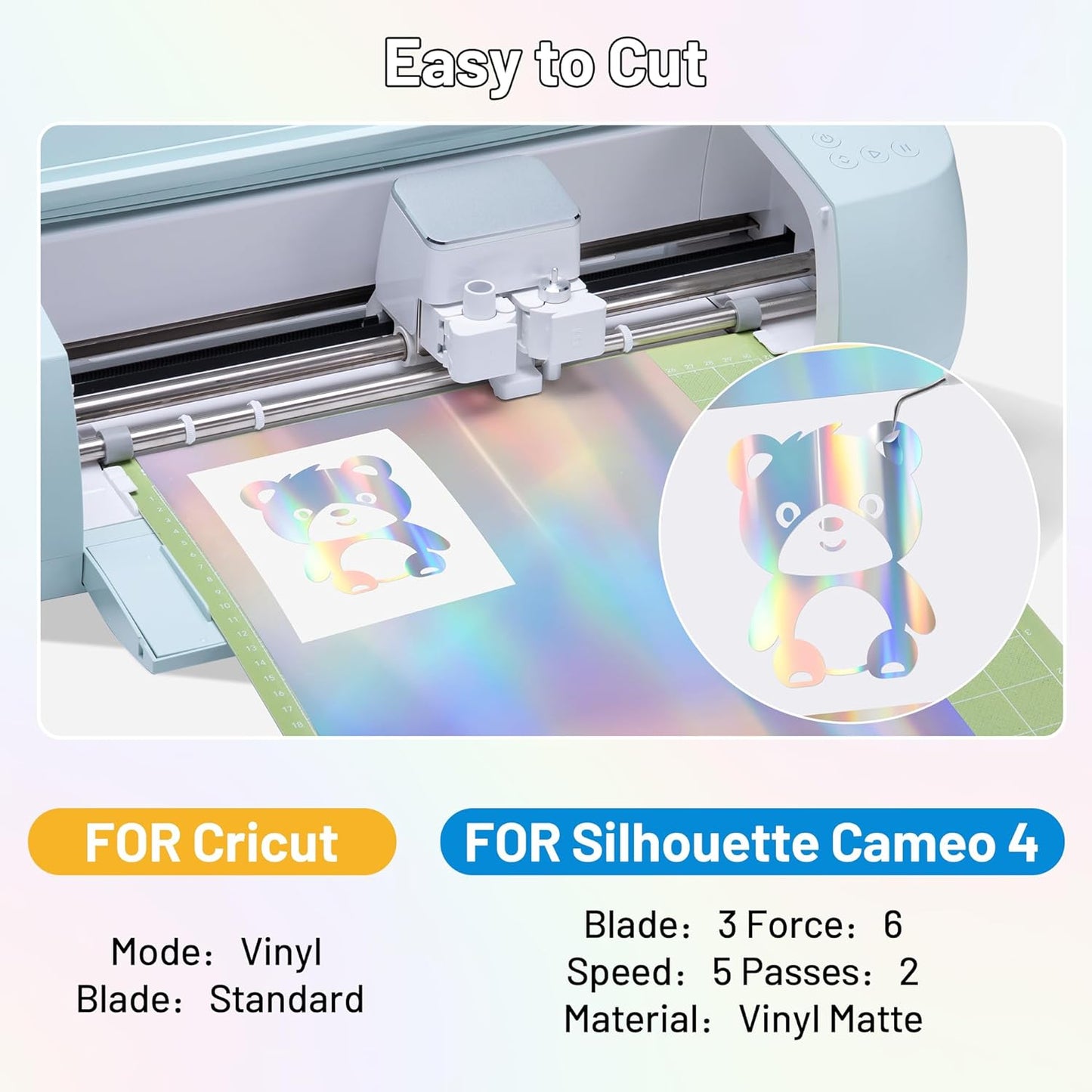 Eprcut Holographic Silver Permanent Vinyl, 12" x 6FT Adhesive Vinyl Roll for All Cutting Machine, Cricut, Silhouette, Cameo Cutters, Home Outdoor Waterproof DIY Craft Decor, Car Decals, Wall Stickers